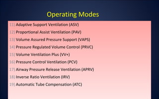 Operating Modes
11) Adaptive Support Ventilation (ASV)
12) Proportional Assist Ventilation (PAV)
13) Volume Assured Pressure Support (VAPS)
14) Pressure Regulated Volume Control (PRVC)
15) Volume Ventilation Plus (VV+)
16) Pressure Control Ventilation (PCV)
17) Airway Pressure Release Ventilation (APRV)
18) Inverse Ratio Ventilation (IRV)
19) Automatic Tube Compensation (ATC)
11) Adaptive Support Ventilation (ASV)
12) Proportional Assist Ventilation (PAV)
13) Volume Assured Pressure Support (VAPS)
14) Pressure Regulated Volume Control (PRVC)
15) Volume Ventilation Plus (VV+)
16) Pressure Control Ventilation (PCV)
17) Airway Pressure Release Ventilation (APRV)
18) Inverse Ratio Ventilation (IRV)
19) Automatic Tube Compensation (ATC)
 