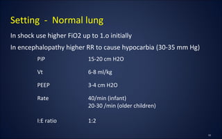 In shock use higher FiO2 up to 1.o initially
In encephalopathy higher RR to cause hypocarbia (30-35 mm Hg)
Setting - Normal lung
PiP 15-20 cm H2O
Vt 6-8 ml/kg
PEEP 3-4 cm H2O
Rate 40/min (infant)
20-30 /min (older children)
I:E ratio 1:2
 