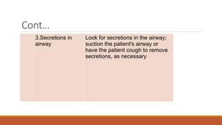 Cont…
3.Secretions in
airway
Look for secretions in the airway;
suction the patient's airway or
have the patient cough to remove
secretions, as necessary
 