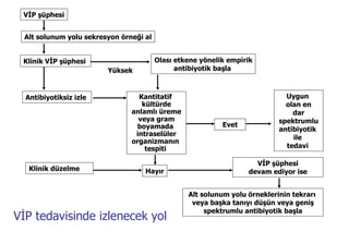 VİP şüphesi Alt solunum yolu sekresyon örneği al Klinik VİP şüphesi  Antibiyotiksiz izle  Klinik düzelme Olası etkene yönelik empirik antibiyotik başla  Kantitatif  kültürde anlamlı üreme veya gram boyamada  intraselüler organizmanın  tespiti  Uygun  olan en dar spektrumlu antibiyotik  ile  tedavi  Hayır VİP şüphesi devam ediyor ise Alt solunum yolu örneklerinin tekrarı  veya başka tanıyı düşün veya geniş spektrumlu antibiyotik başla Evet Yüksek VİP tedavisinde izlenecek yol 