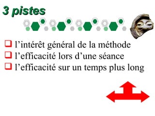 3 pistes l’intérêt général de la méthode l’efficacité lors d’une séance l’efficacité sur un temps plus long 