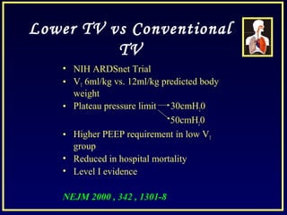 Lower TV vs Conventional
TV
• NIH ARDSnet Trial
• VT 6ml/kg vs. 12ml/kg predicted body
weight
• Plateau pressure limit 30cmH20
50cmH20
• Higher PEEP requirement in low VT
group
• Reduced in hospital mortality
• Level I evidence
NEJM 2000 , 342 , 1301-8
 