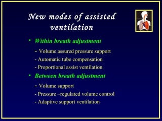 New modes of assisted
ventilation
• Within breath adjustment
- Volume assured pressure support
- Automatic tube compensation
- Proportional assist ventilation
• Between breath adjustment
- Volume support
- Pressure –regulated volume control
- Adaptive support ventilation
 