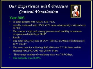 Our Experience with Pressure
Control Ventilation
Year 2003
• 35 adult patients with ARDS ,LIS >2.5,
• initially ventilated with LPVS VCV mode subsequently switched over
to PCV.
• The reasons - high peak airway pressures and inability to maintain
oxygenation despite high PEEP.
• Results:.
• The mean PaO2
/FiO2
ratio at VCV- 100±13, at 30min of institution of
PCV 136±17
• The mean time for achieving SpO2
>90% was 37.28±5min, and for
attaining PaO2/FiO2>200 was 26.89± 14hrs.
• The average number of ventilatory days was 7.05±2days.
• The mortality was 22.85%.
 