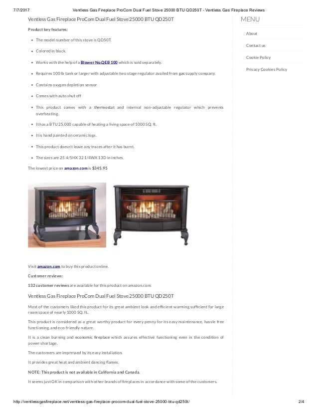 Ventless gas fireplace pro com dual fuel stove 25000 btu qd250t