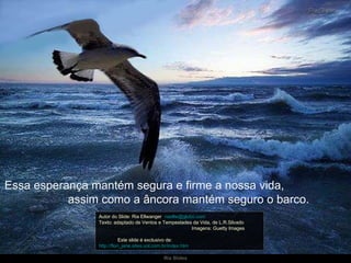 Essa esperança mantém segura e firme a nossa vida,  assim como a âncora mantém seguro o barco. Autor do Slide: Ria Ellwanger  [email_address]   Texto: adaptado de Ventos e Tempestades da Vida, de L.R.Silvado  Imagens: Guetty Images  Este slide é exclusivo de:  http://flori_jane.sites.uol.com.br/index.htm   