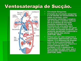 Ventosaterapia de Sucção.
 Circulação Sanguínea.
 A função da circulação sanguínea
é a de atender às necessidades de
todos os tecidos, como
transportar nutrientes e oxigênio
até os tecidos e também remover
daí os produtos de excreção
(resíduos metabólicos), levar
hormônios de uma parte para
outra do corpo e manter, em geral,
em todos os líquidos teciduais, um
ambiente apropriado à sobrevida e
função ótimas das células
(GAYTON, 2000).
 O fluxo por um vaso sanguíneo é
inteiramente determinado por dois
fatores: (1) a diferença de pressão
entre as duas extremidades do
vaso, que é a força que empurra o
sangue adiante pelo vaso
(coração), e (2) o obstáculo ao
fluxo sanguíneo pelo vaso, que é
denominado resistência vascular
(GAYTON; 2000).
 