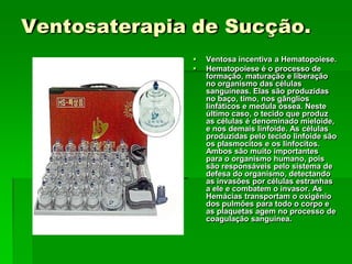 Ventosaterapia de Sucção.
 Ventosa incentiva a Hematopoiese.
 Hematopoiese é o processo de
formação, maturação e liberação
no organismo das células
sanguíneas. Elas são produzidas
no baço, timo, nos gânglios
linfáticos e medula óssea. Neste
último caso, o tecido que produz
as células é denominado mieloide,
e nos demais linfoide. As células
produzidas pelo tecido linfoide são
os plasmocitos e os linfocitos.
Ambos são muito importantes
para o organismo humano, pois
são responsáveis pelo sistema de
defesa do organismo, detectando
as invasões por células estranhas
a ele e combatem o invasor. As
Hemácias transportam o oxigênio
dos pulmões para todo o corpo e
as plaquetas agem no processo de
coagulação sanguínea.
 