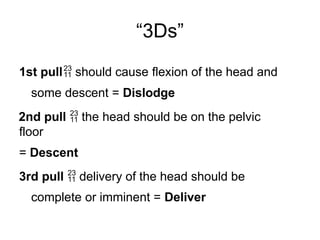“3Ds”
1st pull should cause flexion of the head and
some descent = Dislodge
2nd pull  the head should be on the pelvic
floor
= Descent
3rd pull  delivery of the head should be
complete or imminent = Deliver
 