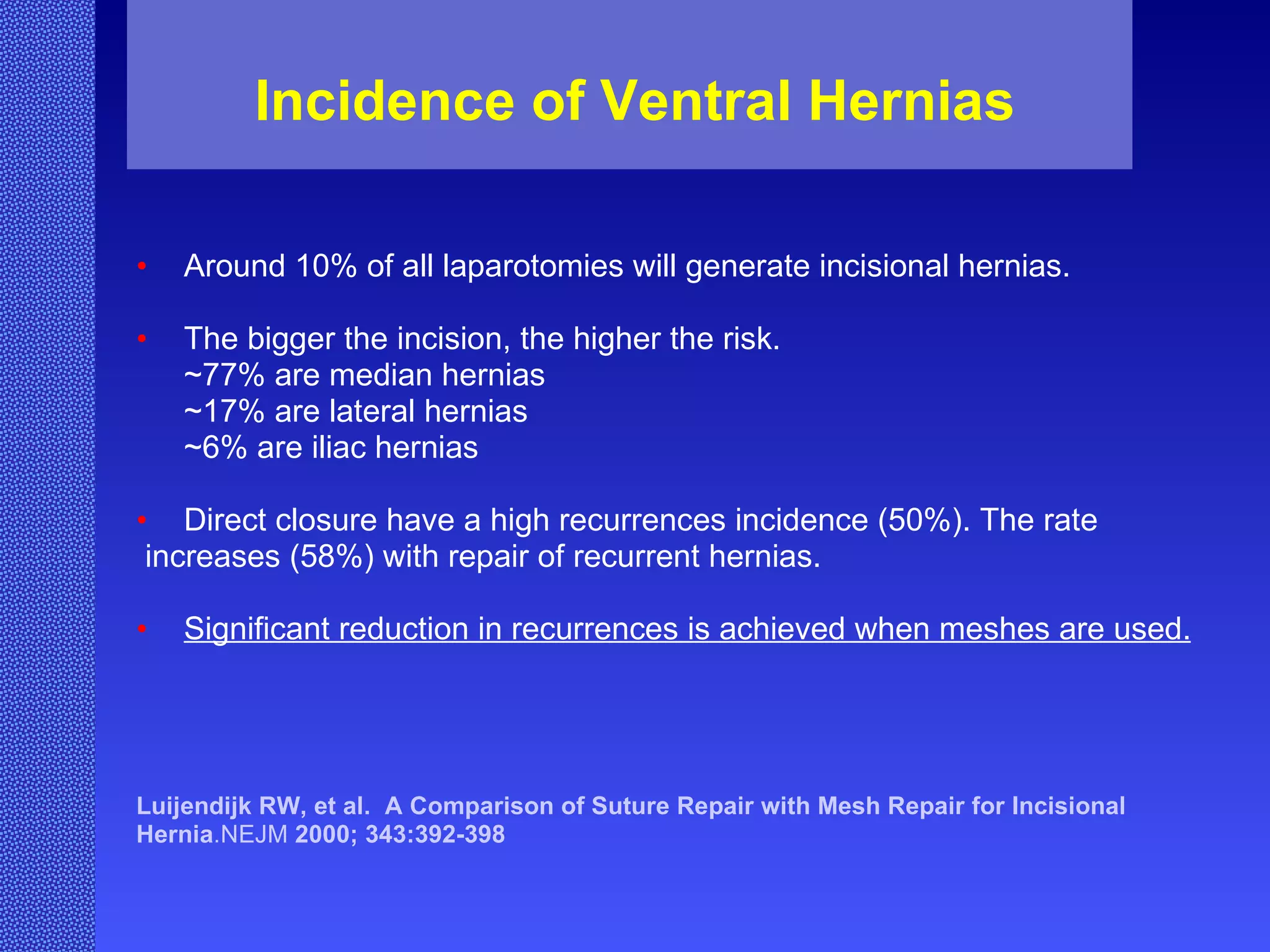 Incidence of Ventral Hernias Around 10% of all laparotomies will generate incisional hernias.  The bigger the incision, the higher the risk. ~77% are median hernias ~17% are lateral hernias ~6% are iliac hernias Direct closure have a high recurrences incidence (50%). The rate increases (58%) with repair of recurrent hernias. Significant reduction in recurrences is achieved when meshes are used. Luijendijk   RW, et al.  A Comparison of Suture Repair with Mesh Repair for Incisional  Hernia .NEJM  2000; 343:392-398  