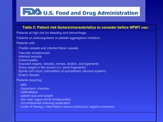   Table 2: Patient risk factors/characteristics to consider before NPWT use:   Patients at high risk for bleeding and hemorrhage  Patients on anticoagulants or platelet aggregation inhibitors  P atients with:  F riable vessels and infected blood vessels  •   V ascular anastomosis  •   I nfected wounds  •   O steomyelitis  •   E xposed organs, vessels, nerves, tendon, and ligaments  •   S harp edges in the wound (i.e. bone fragments)  •   S pinal cord injury (stimulation of sympathetic nervous system)  •   E nteric fistulas  P atients requiring:  •   MRI  •   Hyperbaric chamber  •   Defibrillation  •   patient size and weight  •   use near vagus nerve (bradycardia)  •   circumferential dressing application  •   mode of therapy- intermittent versus continuous negative pressure  
