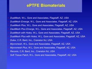 ePTFE Biomaterials DualMesh,  W.L. Gore and Associates, Flagstaff, AZ, USA DualMesh Emerge,  W.L. Gore and Associates, Flagstaff, AZ, USA DualMesh Plus , W.L. Gore and Associates, Flagstaff, AZ, USA DaulMesh Plus Emerge , W.L. Gore and Associates, Flagstaff, AZ, USA DualMesh with Holes , W.L. Gore and Associates, Flagstaff, AZ, USA DualMesh Plus with Holes , W.L. Gore and Associates, Flagstaff, AZ, USA   Dulex , C.R. Bard, Inc., Cranston NJ, USA Mycromesh , W.L. Gore and Associates, Flagstaff, AZ, USA Mycromesh Plus , W.L. Gore and Associates, Flagstaff, AZ, USA Reconix , C.R. Bard, Inc., Cranston NJ, USA Soft Tissue Patch , W.L. Gore and Associates, Flagstaff, AZ, USA   