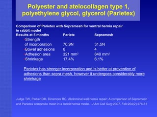 Polyester and atelocollagen type 1, polyethylene glycol, glycerol (Parietex) Comparison of Parietex with Sepramesh for ventral hernia repair  in rabbit model Results at 5 months Parietx  Sepramesh Strength  of incorporation  70.9N 31.5N Bowel adhesions  0 4 Adhesion area 321 mm 2  840 mm 2 Shrinkage 17.4%  6.1%  Parietex has stronger incorporation and is better at prevention of adhesions than sepra mesh, however it undergoes considerably more shrinkage Judge TW, Parker DM, Dinsmore RC. Abdominal wall hernia repair: A comparison of Sepramesh and Parietex composite mesh in a rabbit hernia model.  J Am Coll Surg  2007, Feb;204(2):276-81   