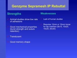 Genzyme Sepramesh IP Rebuttal Strengths Animal studies show low rate of adhesions Good mechanical properties (burst strength and suture retention) Translucent Good memory shape Weaknesses Lack of human studies Requires 12mm or 15mm trocar for lap insertion (8x15, 10x20, 15x20, 20x30) 