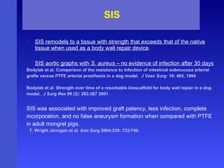 SIS SIS remodels to a tissue with strength that exceeds that of the native tissue when used as a body wall repair device . SIS aortic graphs with  S. aureus  – no evidence of infection after 30 days Bodylak et al. Comparison of the resistance to infection of intestinal submucosa arterial  grafts versus PTFE arterial prosthesis in a dog model.  J Vasc Surg:  19; 465, 1994 Bodylak et al. Strength over time of a resorbable bioscaffold for body wall repair in a dog  model.  J Surg Res  99 (2): 282-287 2001 SIS was associated with improved graft patency, less infection, complete  incorporation, and no false aneurysm formation when compared with PTFE  in adult mongrel pigs. T. Wright Jernigan et al.  Ann Surg  2004;239: 733-740. 