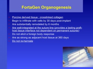FortaGen Organogenesis Porcine derived tissue : crosslinked collagen Begin to infiltrate with cells by 30 days post-implant Are substantially remodeled by 6 months Are well-integrated at the suture line (provides a lasting graft-host tissue interface not dependent on permanent sutures ) Do not elicit a foreign body response Are as strong as adjacent host tissue at 360 days Do not re-herniate 