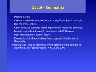 Davol - Xenmatrix Porcine dermis Cellular material is removed without a significant loss in strength. It is not cross -linked . Open structure supports tissue ingrowth and increased elasticity. Maintains significant strength in animal model 2-8 weeks  Post-implantation in animal model Favorable clinical results have been reported with the use of Xenmatrix. Pomahac et al : Use of non cross linked porcine dermal scaffold in abdominal wall reconstruction.  Am J Surg  2009 