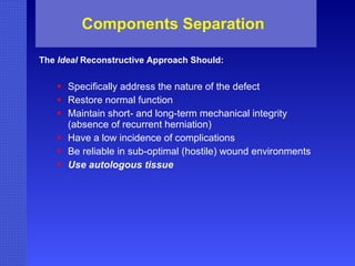 Components Separation The  Ideal  Reconstructive Approach Should: Specifically address the nature of the defect Restore normal function Maintain short- and long-term mechanical integrity (absence of recurrent herniation) Have a low incidence of complications Be reliable in sub-optimal (hostile) wound environments Use autologous tissue 