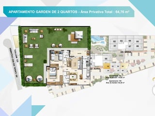 APARTAMENTO GARDEN DE 2 QUARTOS - Área Privativa Total : 64,76 m²
Apartamento 102
Área de Garden: 110,92 m²
Apartamento 105
Área de Garden:132,40 m²
 