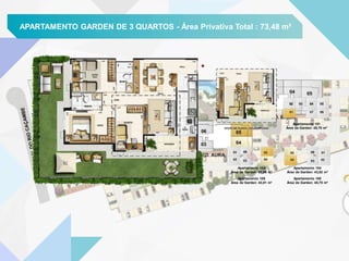 APARTAMENTO GARDEN DE 3 QUARTOS - Área Privativa Total : 73,48 m²
Apartamento 104
Área de Garden: 41,96 m²
Apartamento 101
Área de Garden: 45,70 m²
Apartamento 105
Área de Garden: 43,81 m²
Apartamento 104
Área de Garden: 43,82 m²
Apartamento 105
Área de Garden: 45,70 m²
 
