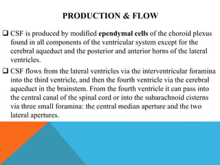 PRODUCTION & FLOW
 CSF is produced by modified ependymal cells of the choroid plexus
found in all components of the ventricular system except for the
cerebral aqueduct and the posterior and anterior horns of the lateral
ventricles.
 CSF flows from the lateral ventricles via the interventricular foramina
into the third ventricle, and then the fourth ventricle via the cerebral
aqueduct in the brainstem. From the fourth ventricle it can pass into
the central canal of the spinal cord or into the subarachnoid cisterns
via three small foramina: the central median aperture and the two
lateral apertures.
 