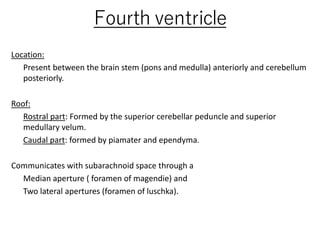 Fourth ventricle
Location:
Present between the brain stem (pons and medulla) anteriorly and cerebellum
posteriorly.
Roof:
Rostral part: Formed by the superior cerebellar peduncle and superior
medullary velum.
Caudal part: formed by piamater and ependyma.
Communicates with subarachnoid space through a
Median aperture ( foramen of magendie) and
Two lateral apertures (foramen of luschka).
 