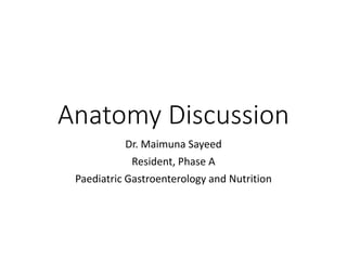 Anatomy Discussion
Dr. Maimuna Sayeed
Resident, Phase A
Paediatric Gastroenterology and Nutrition
 
