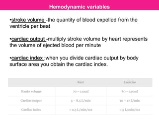 Hemodynamic variables
•stroke volume -the quantity of blood expelled from the
ventricle per beat
•cardiac output -multiply stroke volume by heart represents
the volume of ejected blood per minute
•cardiac index :when you divide cardiac output by body
surface area you obtain the cardiac index.
 
