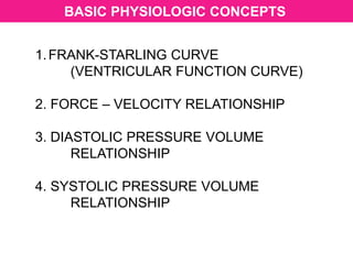 BASIC PHYSIOLOGIC CONCEPTS
1.FRANK-STARLING CURVE
(VENTRICULAR FUNCTION CURVE)
2. FORCE – VELOCITY RELATIONSHIP
3. DIASTOLIC PRESSURE VOLUME
RELATIONSHIP
4. SYSTOLIC PRESSURE VOLUME
RELATIONSHIP
 