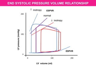200
100
0
0 100 200
LVpressure(mmHg)
LV volume (ml)
ESPVR
EDPVR
END SYSTOLIC PRESSURE VOLUME RELATIONSHIP
normal
 inotropy
 inotropy
 