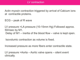 LV contraction
Actin myosin contraction triggered by arrival of Calcium ions
at contractile proteins.
ECG – peak of R wave
LV pressure >LA pressure (10-15mm Hg) Followed approx.
50msec by M1.
Delay of M1 – inertia of the blood flow – valve is kept open.
Isovolumic contraction as volume is fixed.
Increased pressure as more fibers enter contractile state.
LV pressure >Aorta – Aortic valve opens – silent event
clinically.
 