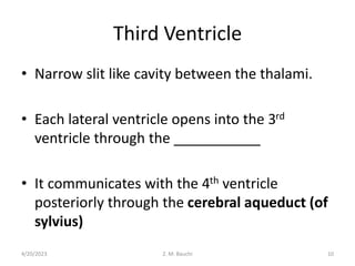 Third Ventricle
• Narrow slit like cavity between the thalami.
• Each lateral ventricle opens into the 3rd
ventricle through the ___________
• It communicates with the 4th ventricle
posteriorly through the cerebral aqueduct (of
sylvius)
4/20/2023 10
Z. M. Bauchi
 