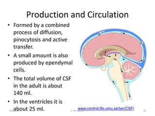 Production and Circulation
• Formed by a combined
process of diffusion,
pinocytosis and active
transfer.
• A small amount is also
produced by ependymal
cells.
• The total volume of CSF
in the adult is about
140 ml.
• In the ventricles it is
about 25 ml. www.control.tfe.umu.se/Ian/CSF/
4/20/2023 26
Z. M. Bauchi
 