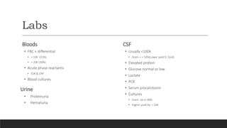 Labs
Bloods
• FBC + differential
• < 10K (25%)
• > 20K (30%)
• Acute phase reactants:
• ESR & CRP
• Blood cultures
Urine
• Proteinuria
• Hematuria
CSF
• Usually <100k
• Gram + ≈ 50%(Lower yield S. Epid)
• Elevated protein
• Glucose normal or low
• Lactate
• PCR
• Serum procalcitonin
• Cultures
• Gram -ve in 40%
• Higher yield for > 20K
 