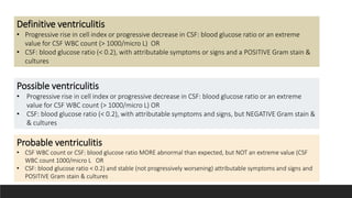 Possible ventriculitis
• Progressive rise in cell index or progressive decrease in CSF: blood glucose ratio or an extreme
value for CSF WBC count (> 1000/micro L) OR
• CSF: blood glucose ratio (< 0.2), with attributable symptoms and signs, but NEGATIVE Gram stain &
& cultures
Definitive ventriculitis
• Progressive rise in cell index or progressive decrease in CSF: blood glucose ratio or an extreme
value for CSF WBC count (> 1000/micro L) OR
• CSF: blood glucose ratio (< 0.2), with attributable symptoms or signs and a POSITIVE Gram stain &
cultures
Probable ventriculitis
• CSF WBC count or CSF: blood glucose ratio MORE abnormal than expected, but NOT an extreme value (CSF
WBC count 1000/micro L OR
• CSF: blood glucose ratio < 0.2) and stable (not progressively worsening) attributable symptoms and signs and
POSITIVE Gram stain & cultures
 
