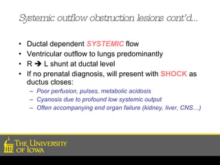 Systemic outflow obstruction lesions cont’d… Ductal dependent  SYSTEMIC  flow Ventricular outflow to lungs predominantly R    L shunt at ductal level If no prenatal diagnosis, will present with  SHOCK  as ductus closes: Poor perfusion, pulses, metabolic acidosis Cyanosis due to profound low systemic output Often accompanying end organ failure (kidney, liver, CNS…) 