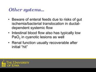 Other systems… Beware of enteral feeds due to risks of gut ischemia/bacterial translocation in ductal-dependent systemic flow Intestinal blood flow also has typically low PaO 2  in cyanotic lesions as well Renal function usually recoverable after initial “hit”  