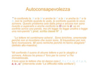 Autoconsapevolezza
“ Io confondo la N e la M e anche la F e la V e anche la P e la
B. non le confndo quando le vedo, le confonto quando le vevo
scrivere. Questo problema celo dalla prina e ancora non sono
riuscito a superarlo e anche confonto la O con la U. se mi
confnto scrivo una parolo, ma chi legge ne legge unaltra o legge
una non-parolo” ( prod. scritta classe III° )
“Le lettere mi combinano scherzi . Sono birichine, smemorate
perché non si ricordano che suoni sono. Si travestono per non
farsi riconoscere. Mi sono nemiche perché mi fanno sbagliare”
(dettato alla maestra)
“Mi confondo il suono di alcune lettere e poi le sbaglio a
scrivere. Adesso ho preso il “toro per le corna” e l’ho
immobilizzato.
Il toro sono le lettere che mi danno noia (l, h v, f, n, m, d, t, p, b,
a, o , u)” (intervento orale “Le difficoltà nella scrittura”)
 