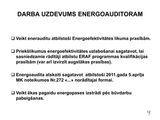 DARBA UZDEVUMS ENERGOAUDITORAM


 Veikt enerauditu atbilstoši Energoefektivitātes likuma prasībām.

 Priekšlikumus energoefektivitātes uzlabošanai sagatavot, lai
  sasniedzamie rādītāji atbilstu ERAF programmas kvalifikācijas
  prasībām (var arī izvirzīt augstākas prasības).

 Energoaudita atskaiti sagatavot atbilstoši 2011.gada 5.aprīļa
  MK noteikumos Nr.272 «...» norādītajai formai.

 Veikt ēkas pagaidu energopases izstrādi pēc būvdarbu
  pabeigšanas.


                                                                  12
                                                                  12
 