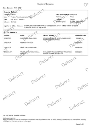 Registrar of Companies
20/01/2023
Date Issued:
Company Details
Date Incorporated:
Nature:
GLOBAL BUSINESS
CATEGORY 1
Sub Category:
Status:
09/06/2008
Private
Defunct
File No.:
Name:
C081051
Ventura Power Investments Pvt Ltd
Type:
Category:
LIMITED BY SHARES
GLOBAL
Registered Office Address: C/O TRUSTLINK INTERNATIONAL LIMITED SUITE 501 ST JAMES COURT ST DENIS
STREET,PORT LOUIS MAURITIUS
Office Bearers
Position Name Service Address Appointed Date
DIRECTOR RAMSAGUR SHAILENDR ST DENIS ST SUITE 501 ST JAMES COURT
PORT-LOUIS MAURITIUS
14/04/2015
DIRECTOR REEMUL GIANDEO 09/06/2008
DIRECTOR SHAH VINOD SHANTILAL 08/04/2009
SECRETARY TRUSTLINK INTERNATIONAL
LIMITED
MOHABEER MUNGUR STREET TRUSTLINK
HOUSE FLOREAL MAURITIUS
09/06/2008
of 1
Page 1
DISCLAIMER NOTICE
While we endeavour to keep the information up to date and as far as possible accurate, we cannot give any guarantee about the completeness, accuracy,
reliability of the information contained on the report.
This is a Computer Generated Document.
 