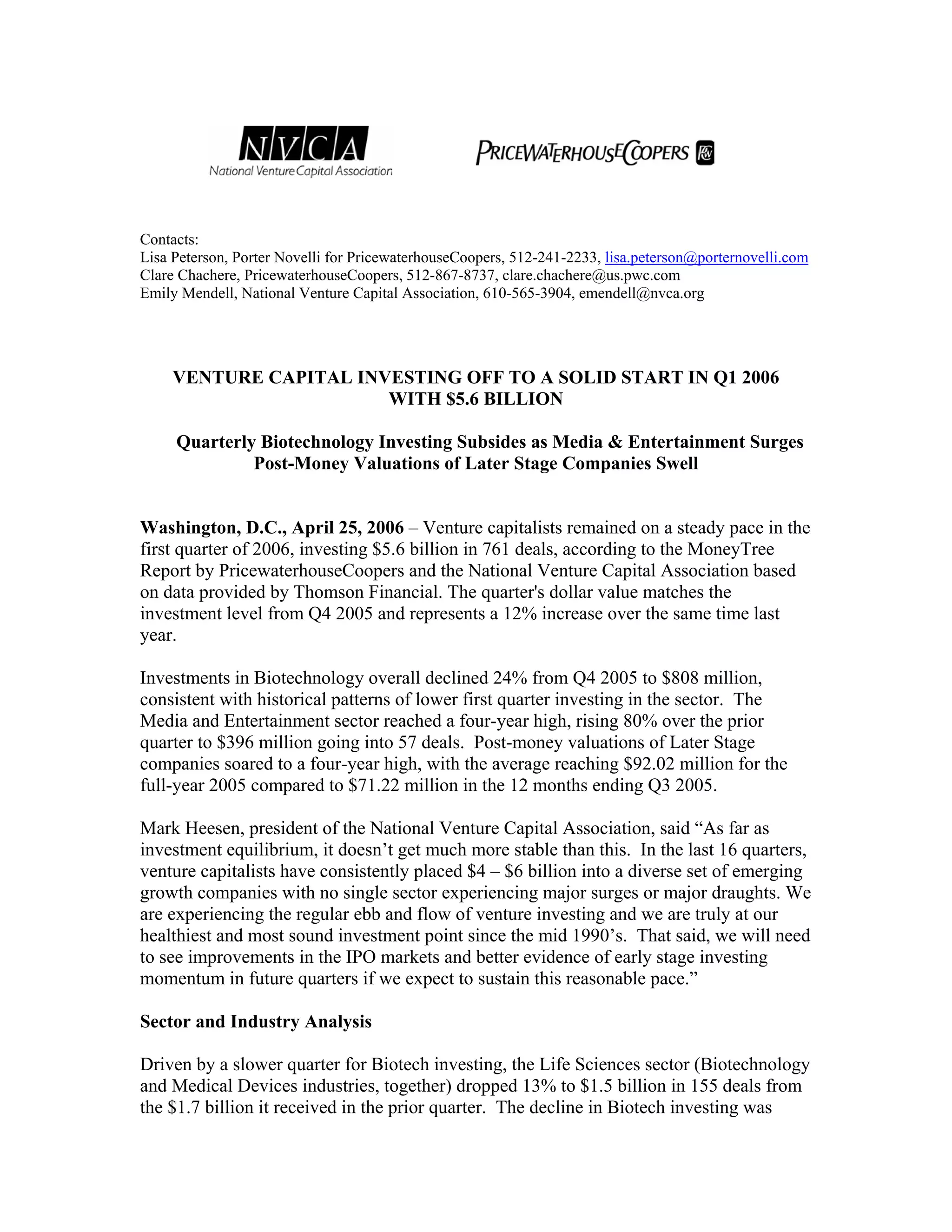 Venture Capital Investments Q1 ’06 – MoneyTree Release