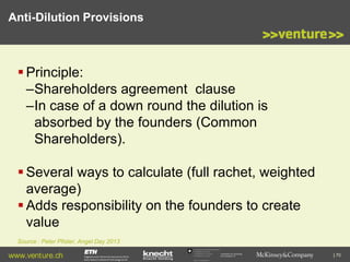 Anti-Dilution Provisions

 Principle:
–Shareholders agreement clause
–In case of a down round the dilution is
absorbed by the founders (Common
Shareholders).
 Several ways to calculate (full rachet, weighted
average)
 Adds responsibility on the founders to create
value
Source : Peter Pfister, Angel Day 2013

www.venture.ch

Commission for Technology
and Innovation CTI

| 70

 