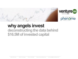 why angels invest
deconstructing the data behind
$16.5M of invested capital




 © 2009 Venture 360   Oakland | Los Angeles   Phone: 510.465.0800   Web: www.venture360report.com   Email: analyst@venture360report.com
 