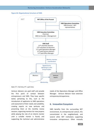 Nurturing Innovation: Venture Acceleration Networks

Figure 26: Organizational structure of VMS


               MIT                        MIT Office of the Provost

                                                                              VMS Operations Committee
                                                                                 VMS Director + MIT
                                                                                   representatives


                                          VMS Executive Committee
                                                 Chairman
                                        VMS Co-Founder + Management



                                                    VMS Staff
                                             1 PT volunteer Director
                                          2 PT volunteer Co-Directors
                                         1 FT paid Operations Manager
                                           2 FT paid Venture Advisors
                                            1 FT paid Office Manager


                                                        Mentor-mentee
                                                         coordination

                                                  Signed forms
                                                agreeing to rules
                                                 and principles


                                  Mentors                           Venture
                                                                     teams


                                               Mentorship

Note: FT = full-time, PT = part-time.

Venture Advisors are paid staff and provide                  needs of the Operations Manager and Office
the first point of contact between                           Manager. Venture Advisors have extensive
entrepreneurs and VMS. They have specific                    entrepreneurial experience.
duties pertaining to this, such as the
introduction of applicants to VMS operations
and assessment of their needs and suitability;               6. Innovation Ecosystem
creating reports on new ventures and
presenting them at the monthly review                        VMS benefits from the surrounding MIT
sessions; organizing mentors for new projects                environment, its entrepreneurial culture, VCs
while playing the role of an interim mentor                  concentrated in the neighborhood, and
until a suitable mentor is found; and                        several other MIT institutions supporting
supporting the technical and administrative                  innovative entrepreneurs. Other mutually

                                                                                                     128
 