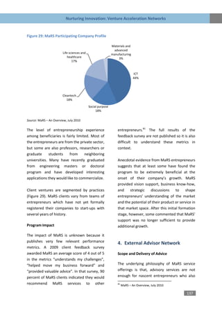 Nurturing Innovation: Venture Acceleration Networks


Figure 29: MaRS Participating Company Profile

                                                             Materials and
                                                              advanced
                        Life sciences and                    manufacturing
                            healthcare                           3%
                               17%


                                                                              ICT
                                                                              44%




                        Cleantech
                           18%

                                            Social purpose
                                                 18%

Source: MaRS – An Overview, July 2010

The level of entrepreneurship experience                         entrepreneurs.81 The full results of the
among beneficiaries is fairly limited. Most of                   feedback survey are not published so it is also
the entrepreneurs are from the private sector,                   difficult to understand these metrics in
but some are also professors, researchers or                     context.
graduate      students    from     neighboring
universities. Many have recently graduated                       Anecdotal evidence from MaRS entrepreneurs
from engineering masters or doctoral                             suggests that at least some have found the
program and have developed interesting                           program to be extremely beneficial at the
applications they would like to commercialize.                   onset of their company’s growth. MaRS
                                                                 provided vision support, business know-how,
Client ventures are segmented by practices                       and strategic discussions to              shape
(Figure 29). MaRS clients vary from teams of                     entrepreneurs’ understanding of the market
entrepreneurs which have not yet formally                        and the potential of their product or service in
registered their companies to start-ups with                     that market space. After this initial formation
several years of history.                                        stage, however, some commented that MaRS’
                                                                 support was no longer sufficient to provide
Program Impact                                                   additional growth.

The impact of MaRS is unknown because it
publishes very few relevant performance                          4. External Advisor Network
metrics. A 2009 client feedback survey
awarded MaRS an average score of 4 out of 5                      Scope and Delivery of Advice
in the metrics “understands my challenges”,
“helped move my business forward” and                            The underlying philosophy of MaRS service
“provided valuable advice”. In that survey, 90                   offerings is that, advisory services are not
percent of MaRS clients indicated they would                     enough for nascent entrepreneurs who also
recommend MaRS services to other                                 81
                                                                      MaRS – An Overview, July 2010

                                                                                                           137
 
