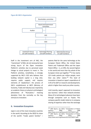 Nurturing Innovation: Venture Acceleration Networks



Figure 40: INCJ's Organization

                                      Shareholders committee


                                      Board and Government
                                            committee

                           Auditor


                                                CEO



                                                COO




                 Investment Group       Technology Planning        Administrative Group
                (25 staff members)       (10 staff members)         (15 staff members)



Staff in the investment arm of INCJ, the              patents filed for the same technology at the
“mainstream” of INCJ, do not necessarily have         European Patent Office, the United States
strong buy-in of the Open Innovation                  Patent and Trademark Office and the Japan
Platform’s activities due to perceived weak           Patent Office – is, at 29%, the second highest
linkage to actual projects to invest in. The          in the world and more than the whole of the
Platform activities, nonetheless, is strongly         European Union put together.108 It has nearly
supported by INCJ’s CEO who believes that             125 triadic patents per million people, more
building network capital is a long shot,              than any other nation.109 This level of
requires public support, and requires                 innovation is based on Japan’s expenditure of
elements of “playfulness”; the process of             3.5% of its GDP on research and development,
INCJ’s establishment at METI (Ministry of             which is higher than nearly any other country.
Economy, Trade and Industry) was inspired by
an academic theory on physical and biological         Until recently, Japan’s approach to innovation
phenomena of “fluctuation,” meaning                   was business- rather than network-oriented.
deviation from the normality as the key               Many of its technological advances have been
stimulus to innovation.                               through companies such as Toyota. This
                                                      company-specific model relied on in-company
                                                      sharing of expertise rather than the exchange

6. Innovation Ecosystem
                                                      108
                                                          2005 figures, see OECD, “Compendium of Patent
Japan is one of the most innovative countries         Statistics:        2008,”       OECD,         2008
                                                      (http://www.oecd.org/dataoecd/5/19/37569377.pdf)
in the world. According to the OECD its share         109
                                                          2005 figures, see OECD, “Compendium of Patent
of the world’s “triadic patent families” –            Statistics:        2008,”       OECD,         2008
                                                      (http://www.oecd.org/dataoecd/5/19/37569377.pdf)

                                                                                                  172
 