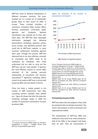 Nurturing Innovation: Venture Acceleration Networks

IMP3rove hired 13 National Coordinators in            Figure 45: Evolution of the number of
different European countries. The team                assessments and experts
reached out to a broad set of stakeholder
groups likely to have access to SMEs in                3000
Europe. These included chambers of                     2500
commerce, Innovation Relay Centers (IRCs),
                                                       2000
business associations, universities, public
agencies      and      incubators.    National         1500

Coordinators also reached out to their own             1000
client base. The IMP3rove team developed
                                                        500
information      packaged     and    delivered
presentations, workshops, speeches, articles               0




                                                                                 Oct-08
                                                                        Jun-08




                                                                                                   Jun-09
                                                                                                            Oct-09


                                                                                                                              Jun-10
                                                                                                                                       Oct-10
                                                               Feb-08




                                                                                          Feb-09




                                                                                                                     Feb-10




                                                                                                                                                 Feb-11
across Europe, and identified partners who
could link to IMP3rove’s website. In some
countries, professional marketing agencies
were used. Through this process, IMP3rove                                  Number of SME Assessments
observed that to be most effective, outreach
to consultants and SMES needs to be                                        Number of registered experts
conducted by individuals who really
understand and are able to carry out the              Source: European Commission (2008) Insights on
                                                      Innovation Management in Europe – Tangible Results
IMP3rove, not just “sales people”. In general,                 3
                                                      from MP rove; Engel, K., Diedrichs, E. and Brunswicker,
                                                                   3
the most effective channel to recruit SMEs            S. (2010) IMP rove: A European Project with Impact: 50
                                                      Success Stories on Innovation Management, Europe
consisted     of    the    existing   personal
                                                      INNOVA Paper No 14, Europe INNOVA paper No 10;
relationships of consultants and business                  3                               3
                                                      IMP rove Scoreboard July 2010; IMP rove Scoreboard
associations.120 Significant marketing efforts        February 2011.
                                                      INNOVA Paper No 14, Europe INNOVA paper No 10;
remain to be made as IMP3rove is not yet well              3                                  3
                                                      IMP rove Scoreboard July 2010; IMP rove Scoreboard
known by SMEs and consultants in the EU.              February 2011.
                                                            3                                 3
                                                       IMP rove Scoreboard July 2010; IMP rove Scoreboard
                                                      February 2011.
There has been a steady growth in the                 INNOVA Paper No 14, Europe INNOVA paper No 10;
                                                           3                                  3
                                                      IMP rove Scoreboard July 2010; IMP rove Scoreboard
number of SME assessments, even after                 February 2011.
consulting sessions subsidies were phased
out. Figure 45 shows that after the extensive
marketing campaign ended in 2009 the                  Participating Company Profile
number of assessment continued to increase            IMP3rove states that the program is best used
by almost 1000.                                       by companies that are already innovative. This
                                                      covers new products as well as processes and
                                                      organizational models.

                                                      The characteristics of IMP3rove SMEs vary
                                                      widely but they tend to be small enterprises.
120
                                                      Half of the SMEs in the program had fewer
  European Commission (2008) Insights on Innovation
Management in Europe – Tangible Results from          than 20 staff. They are concentrated in
  3
MP rove, Europe INNOVA paper No 10.

                                                                                                                                                184
 