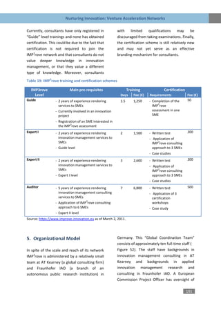 Nurturing Innovation: Venture Acceleration Networks

Currently, consultants have only registered in             with    limited qualifications may            be
“Guide” level trainings and none has obtained              discouraged from taking examinations. Finally,
certification. This could be due to the fact that          the certification scheme is still relatively new
certification is not required to join the                  and may not yet serve as an effective
IMP3rove network and that consultants do not               branding mechanism for consultants.
value deeper knowledge in innovation
management, or that they value a different
type of knowledge. Moreover, consultants

Table 19: IMP3rove training and certification schemes

   IMP3rove                 Main pre-requisites                    Training               Certification
     Level                                                   Days      Fee (€)   Requirements             Fee (€)
Guide             - 2 years of experience rendering          1.5       1,250     - Completion of the      50
                                                                                       3
                    services to SMEs                                               IMP rove
                  - Currently involved in an innovation                            assessment in one
                    project                                                        SME
                  - Registration of an SME interested in
                            3
                    the IMP rove assessment
Expert I          - 2 years of experience rendering          2         1,500     - Written test           200
                    innovation management services to                            - Application of
                    SMEs                                                              3
                                                                                   IMP rove consulting
                  - Guide level                                                    approach to 3 SMEs
                                                                                 - Case studies
Expert II         - 2 years of experience rendering          3         2,600     - Written test           200
                    innovation management services to                            - Application of
                    SMEs                                                              3
                                                                                   IMP rove consulting
                  - Expert I level                                                 approach to 3 SMEs
                                                                                 - Case studies
Auditor           - 5 years of experience rendering          7         6,800     - Written test           500
                    innovation management consulting                             - Application of 3
                    services to SMEs                                               certification
                                      3
                  - Application of IMP rove consulting                             workshops
                    approach to 6 SMEs                                           - Case study
                  - Expert II level
Source: https://www.improve-innovation.eu as of March 2, 2011.




5. Organizational Model                                    Germany. This “Global Coordination Team”
                                                           consists of approximately ten full-time staff (
In spite of the scale and reach of its network             Figure 52). The staff have backgrounds in
IMP3rove is administered by a relatively small             innovation management consulting in AT
team at AT Kearney (a global consulting firm)              Kearney and backgrounds in applied
and Fraunhofer IAO (a branch of an                         innovation management research and
autonomous public research institution) in                 consulting in Fraunhofer IAO. A European
                                                           Commission Project Officer has oversight of

                                                                                                          191
 