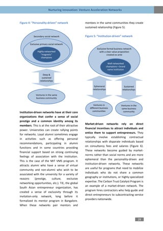 Nurturing Innovation: Venture Acceleration Networks


Figure 4: “Personality-driven” network             mentees in the same communities they create
                                                   sustained relationship (Figure 5).

           Secondary social network                Figure 5: “Institution-driven” network

        Exclusive primary social network
                                                              Exclusive formal business network
               Highly-networked                                 with a clear value proposition
                  “magnetic”                                            created ex-ante
                  champions

                                                                          Well-networked
                                                                         champions + brand
                                                                          name institution

                    Deep &
                   sustained
                 relationships

                                                          Ephemeral                      Sustained
                                                         relationships                 relationships

             Ventures in the same
             business community

                                                           Ventures in                Ventures in the
                                                       different business             same business
                                                          communities                  community
Institution-driven networks have at their core
organizations that confer a sense of social
prestige and a common identity among its
                                                   Market-driven networks rely on direct
members. This is at the root of their attractive
                                                   financial incentives to attract individuals and
power. Universities can create rallying points
                                                   entice them to support entrepreneurs. They
for networks. Loyal alumni sometimes engage
                                                   typically involve establishing contractual
in activities such as offering personal
                                                   relationships with disparate individuals based
recommendations, participating in alumni
                                                   on consultancy fees and salaries (Figure 6).
functions and in some countries providing
                                                   These networks become guided by market-
financial support based on strong continuing
                                                   norms rather than social norms and are more
feelings of association with the institution.
                                                   ephemeral than the personality-driven and
This is the case of the MIT VMS program. It
                                                   institution-driven networks. These networks
attracts alumni who have a sense of virtual
                                                   are useful for programs that need to mobilize
community and non-alumni who wish to be
                                                   individuals who do not share a common
associated with the university for a variety of
                                                   geography or institutions, or highly-specialized
reasons      (prestige,   culture,     exclusive
                                                   expertise. The Carbon Trust Catalyst Program is
networking opportunities, etc.). TiE, the global
                                                   an example of a market-driven network. The
South Asian entrepreneur organization, has
                                                   program hires contractors who help guide and
created a sense of exclusivity through its
                                                   direct entrepreneurs to subcontracting service
invitation-only network, long before it
                                                   providers nationwide.
formalized its mentor program in Bangalore.
When these networks pair mentors and



                                                                                                        28
 