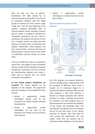Nurturing Innovation: Venture Acceleration Networks


does not defy the laws of physics”.                                   Horizon    3     opportunities    include
Nonetheless, MIT VMS already has an                                   technologies or markets that have not yet
important quality screening filter in the form of                     been created.
an institutional affiliation with MIT. MaRS
accepts all ventures but their mentors apply        Figure 8: Opportunity horizons of the
“tough love” from the very beginning of the         programs
program, assigning demanding tasks to




                                                                                       New market
ventures between mentor meetings. Ventures
                                                                                                                     TechStars
that are unable or unwilling to complete this
“homework” generally do not see a point in                                                                            TiE EAP,
                                                                                                                    INC Japan,
remaining in the program and opt-out on their                                                                                   SMART,
                                                                                                                     Octantis,




                                                      Knowledge of market
                                                                                                                                Catalyst
own. If needed, mentors can discuss this with                                                                          VBDC,       RN,




                                                                            Existing market not
ventures and advise them to discontinue the                                                                          MIT VMS,     Larta.




                                                                               served by the
                                                                                                                  Innovate VMS, Carbon




                                                                                 enterprise
program. Nonetheless, these programs still                                                                             MaRS       Trust
have minimum filters. Ventures that have not                                                                         Endeavor   IC2 India

demonstrated a minimum level of prior effort
in establishing a business concept are turned                               Existing market                         3
                                                                                                                 IMP rove
                                                                             served by the
down.                                                                          enterprise


In the case of IMP3rove, there is no attempt to
screen firms. The program’s value is enhanced                                                       Horizon: 1          2           3
with the number of firms taking the innovation                                      Existing                         Existing        New
management assessment, since this increases                                     technology used                  technology not   technology
                                                                                     by the                        used by the
the benchmarking database and creates a                                            enterprise                       enterprise
larger pool of demand that can attract                                                                     Knowledge of technology
consultants to the platform.
                                                    All of the programs are uniquely tailored to
So how should program beneficiaries be              ventures tackling horizon 3 opportunities, with
screened? The answer depends on the                 the exception of IMP3rove, which serves a
objectives of the program. The opportunity          broader set of enterprises (Figure 8). A
space for innovation can be divided into three      fundamental difference between IMP3rove and
horizons:                                           other programs is that while IMP3rove is
    Horizon     1    opportunities    include       focused on helping companies with internal
    technologies already used by the                processes to create a favorable environment
    enterprise and markets already served by        for innovation, the other programs focus on
    that enterprise.                                external processes to accelerate the validation
                                                    of new market and technology ideas. This
    Horizon     2    opportunities    include
                                                    second group of programs focus on companies
    technologies not yet used by the
                                                    that do not yet have many, or any, internal
    enterprise and markets not yet served by
                                                    processes to improve. They help ideas fail
    that enterprise.
                                                    early, quickly and inexpensively. The case
                                                    studies reveal that the quickest way to
                                                    accelerate market validation is by focusing on


                                                                                                                                        36
 